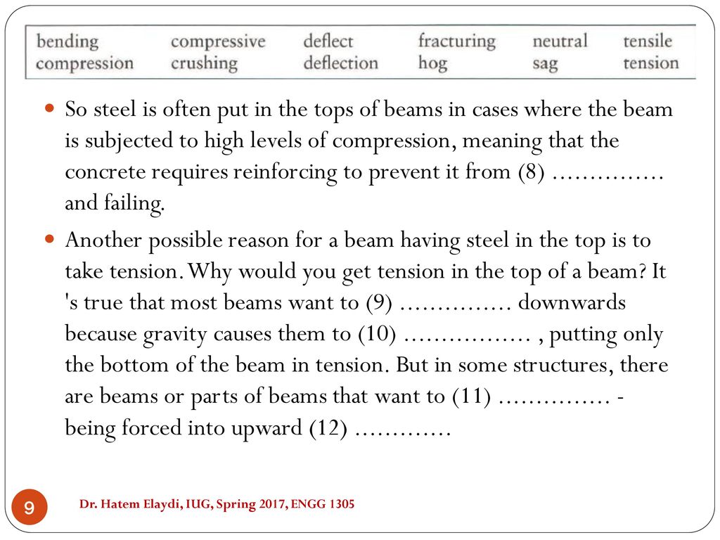 So steel is often put in the tops of beams in cases where the beam is subjected to high levels of compression, meaning that the concrete requires reinforcing to prevent it from (8) and failing.