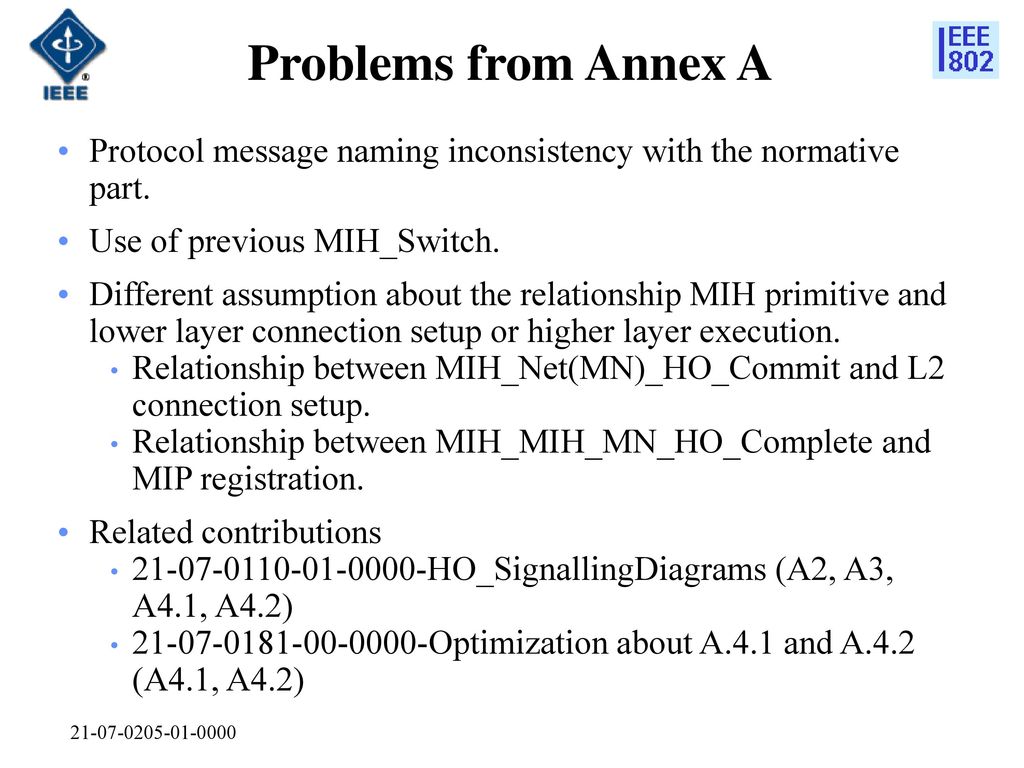 Problems from Annex A Protocol message naming inconsistency with the normative part. Use of previous MIH_Switch.