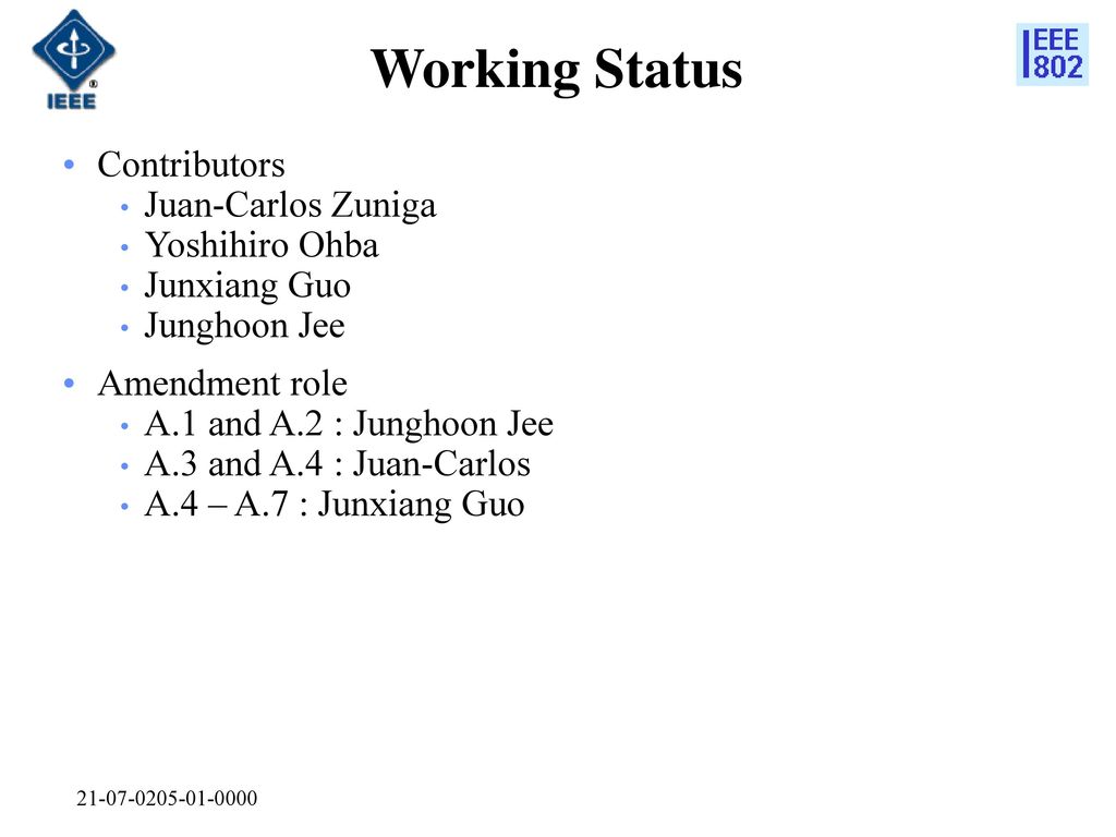 Working Status Contributors Juan-Carlos Zuniga Yoshihiro Ohba