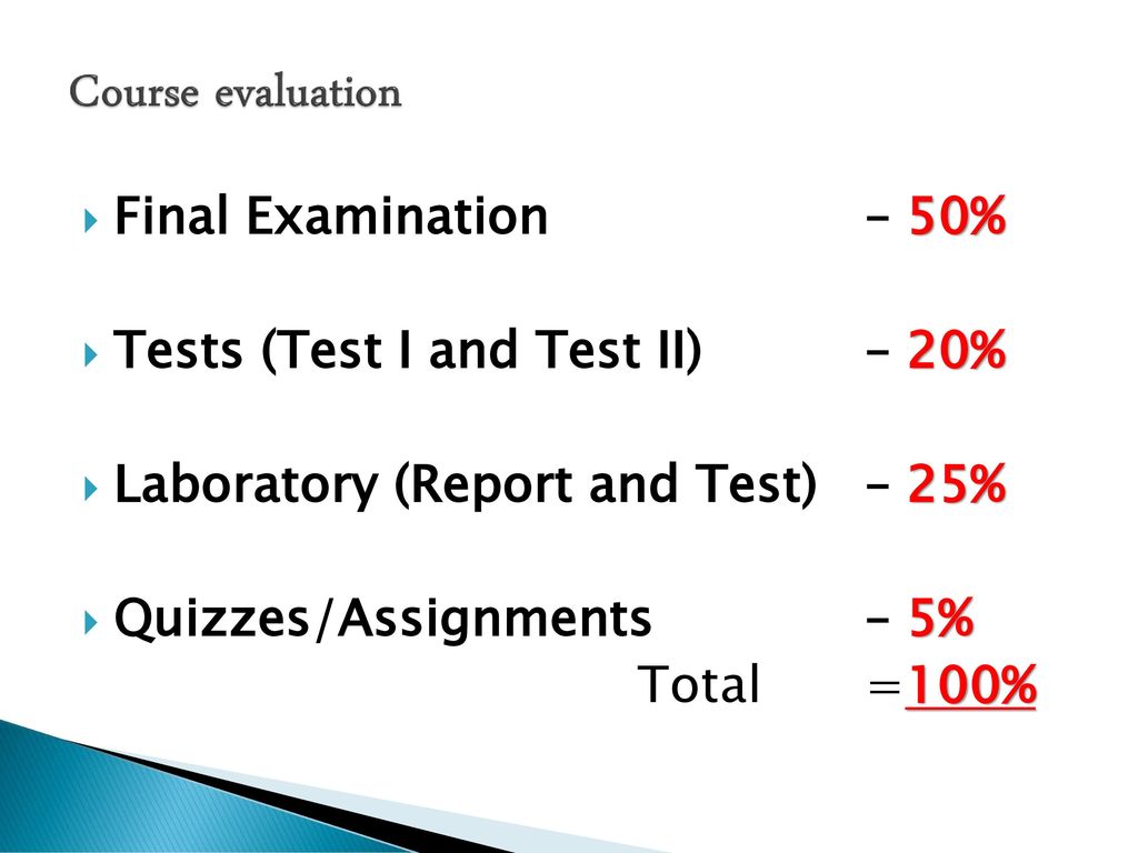 Course evaluation Final Examination – 50%
