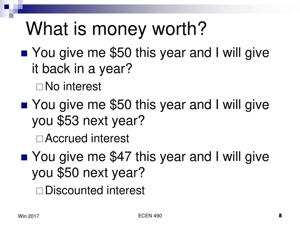 What is money worth You give me $50 this year and I will give it back in a year No interest.