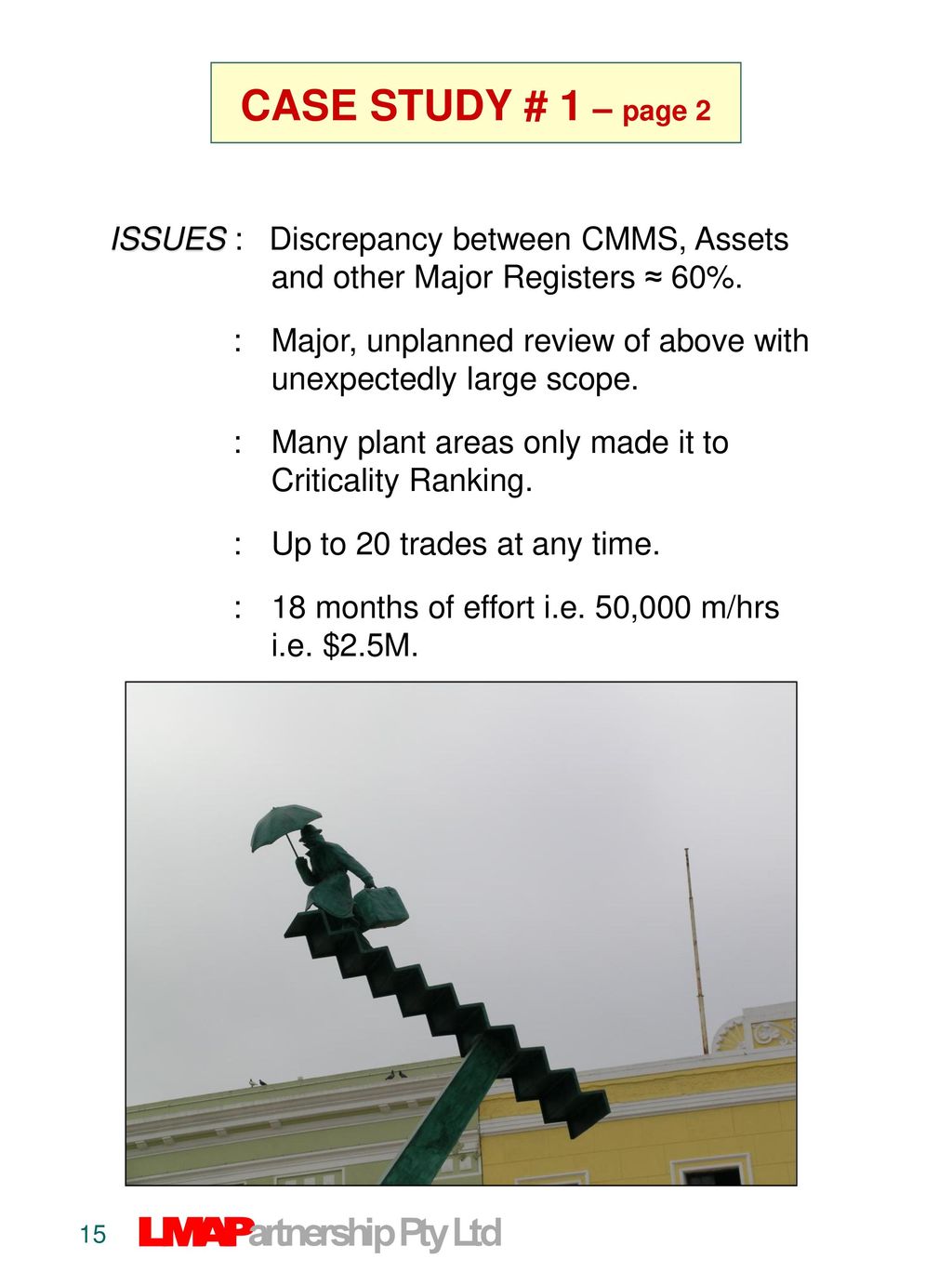 CASE STUDY # 1 – page 2 ISSUES : Discrepancy between CMMS, Assets and other Major Registers ≈ 60%.