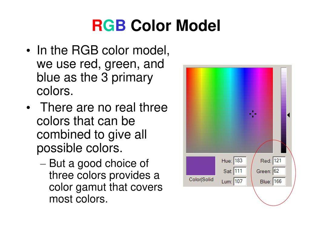 RGB Color Model In the RGB color model, we use red, green, and blue as the 3 primary colors.