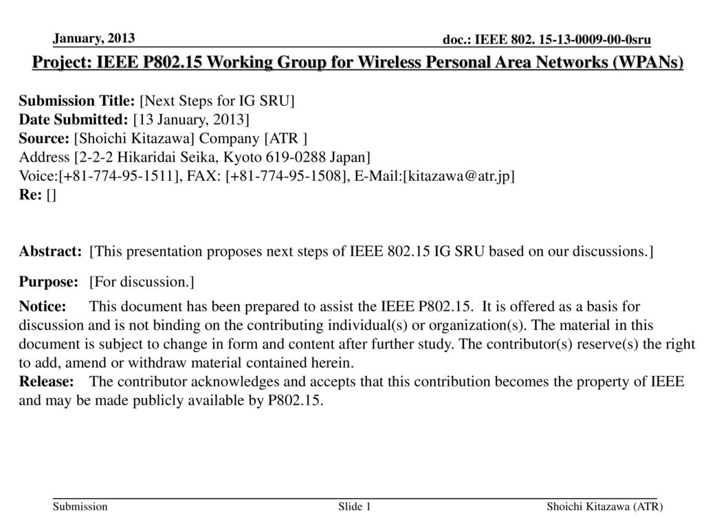 doc.: IEEE sru <month year> January, Project: IEEE P Working Group for Wireless Personal Area Networks (WPANs)