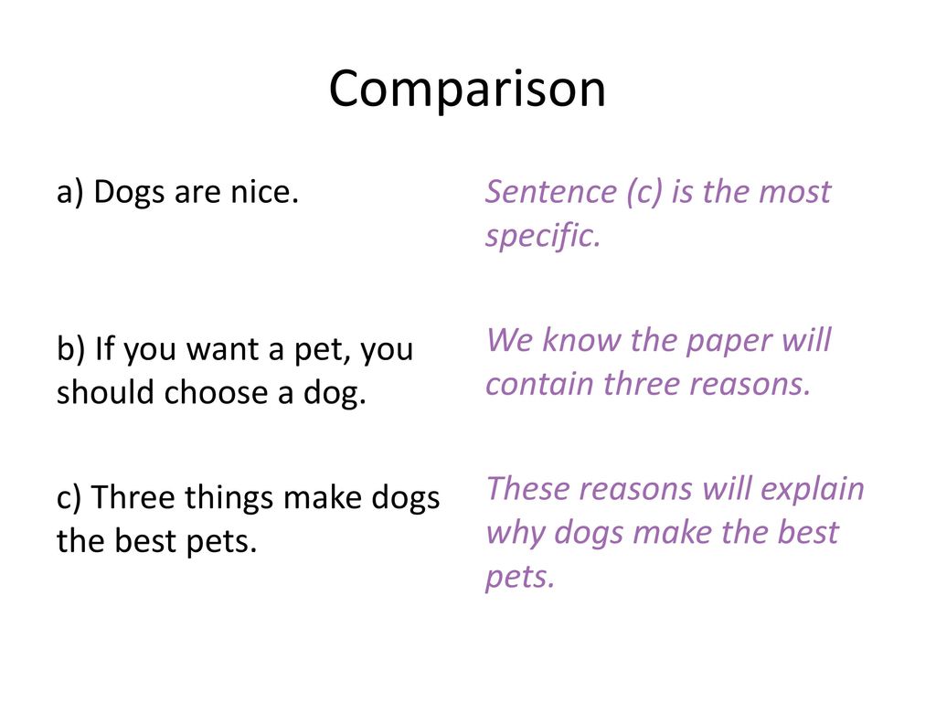 Comparison a) Dogs are nice. b) If you want a pet, you should choose a dog. c) Three things make dogs the best pets.