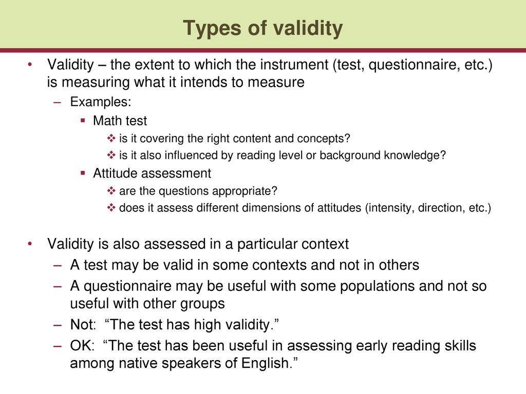 Appropriate question. Types of Validity. Valid Test. Three Types of Validity?. Validity js.