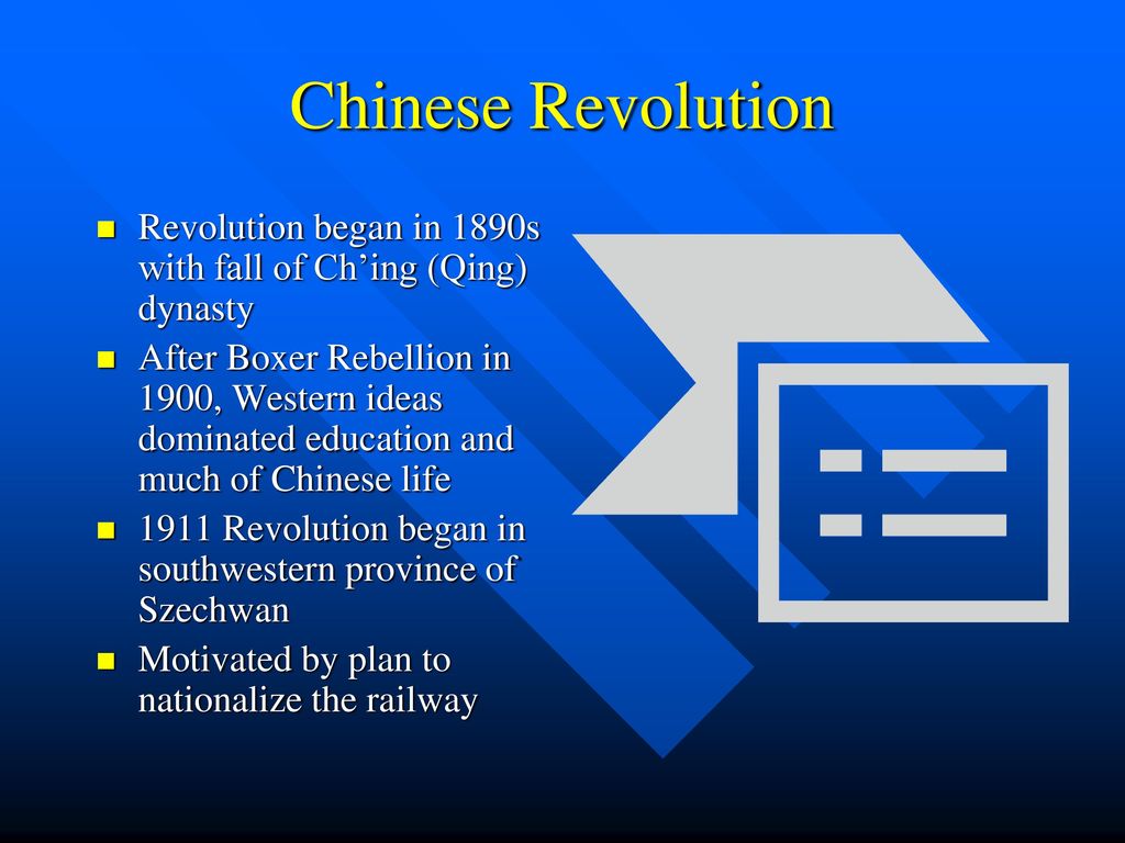 Chinese Revolution Revolution began in 1890s with fall of Ch’ing (Qing) dynasty.