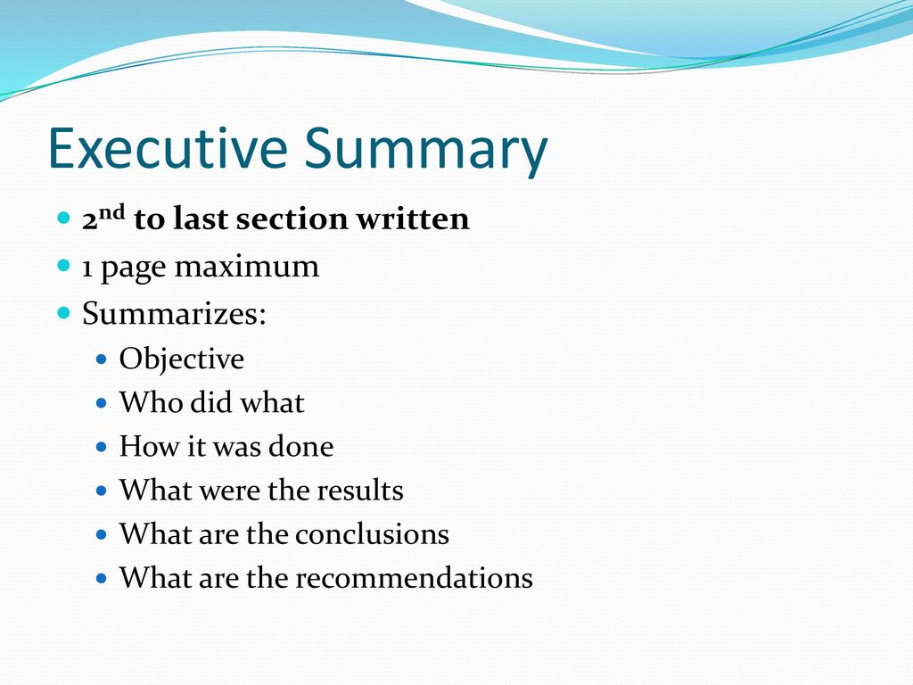 Executive Summary 2nd to last section written 1 page maximum