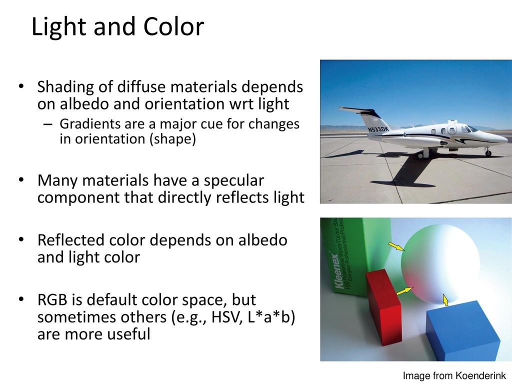 Light and Color Shading of diffuse materials depends on albedo and orientation wrt light.