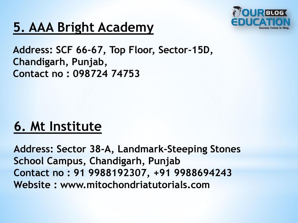 5. AAA Bright Academy 6. Mt Institute