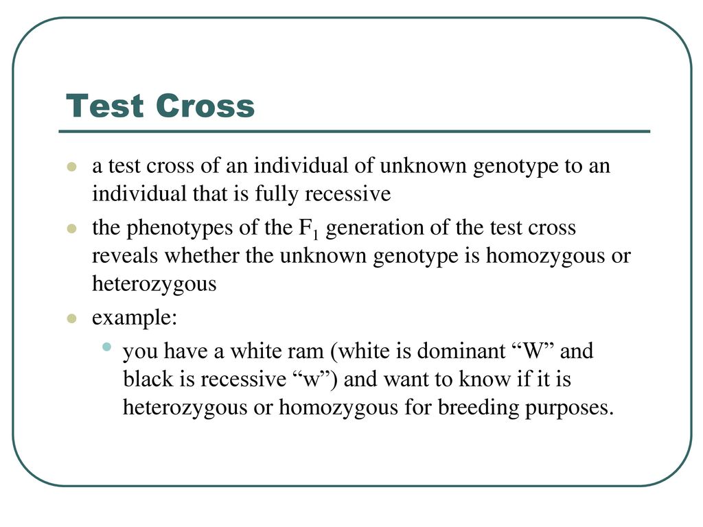 Test Cross A Test Cross Of An Individual Of Unknown Genotype To An Individual That Is Fully Recessive The Phenotypes Of The F1 Generation Of The Test Cross Ppt Download
