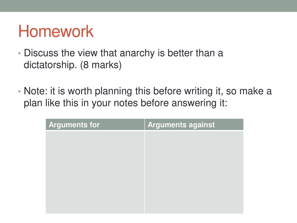 Homework Discuss the view that anarchy is better than a dictatorship. (8 marks)