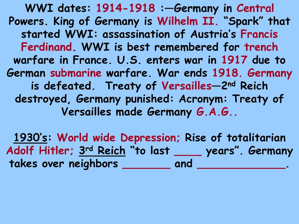 WWI dates: :—Germany in Central Powers