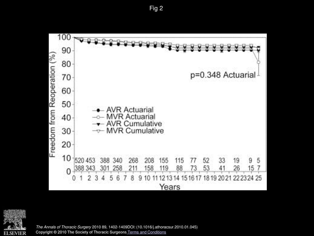 Fig 2 Actuarial and cumulative freedom from reoperation for aortic valve replacement (AVR) and mitral valve replacement (MVR).