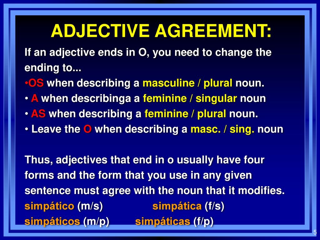 ADJECTIVE AGREEMENT: If an adjective ends in O, you need to change the ending to... OS when describing a masculine / plural noun.