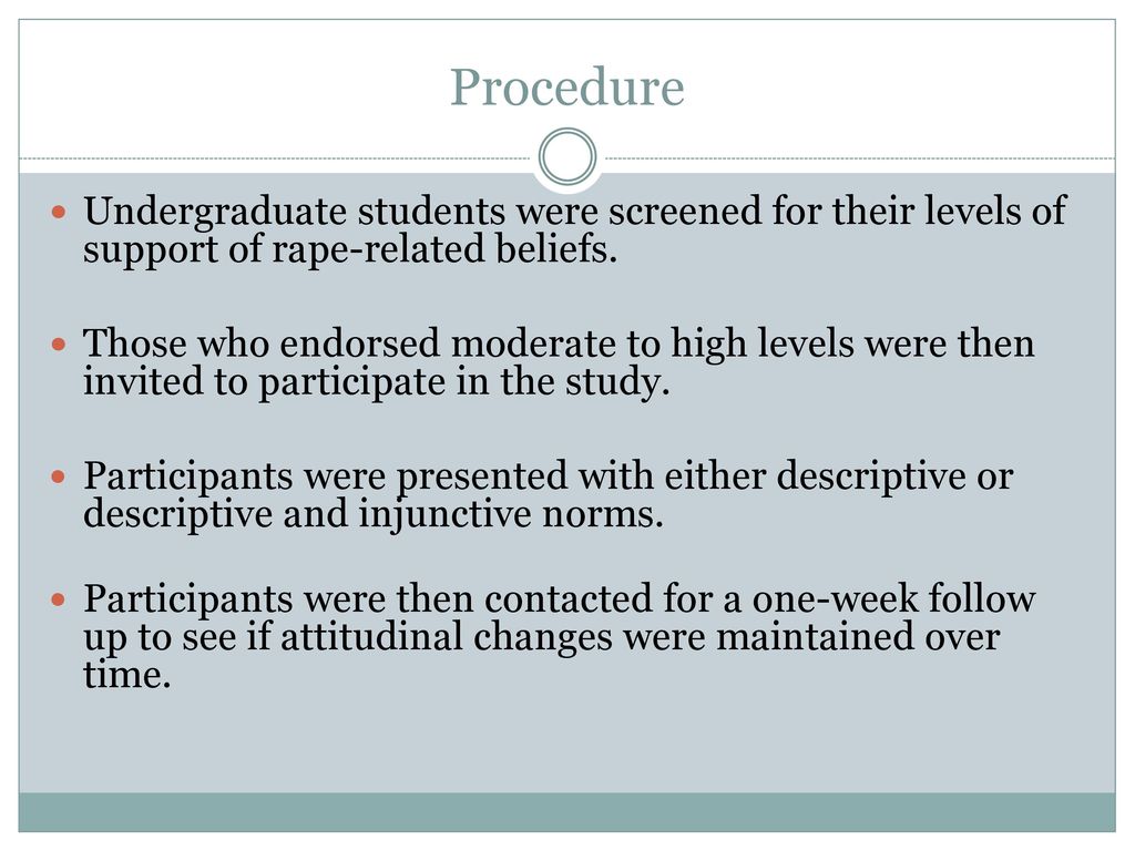 Procedure Undergraduate students were screened for their levels of support of rape-related beliefs.