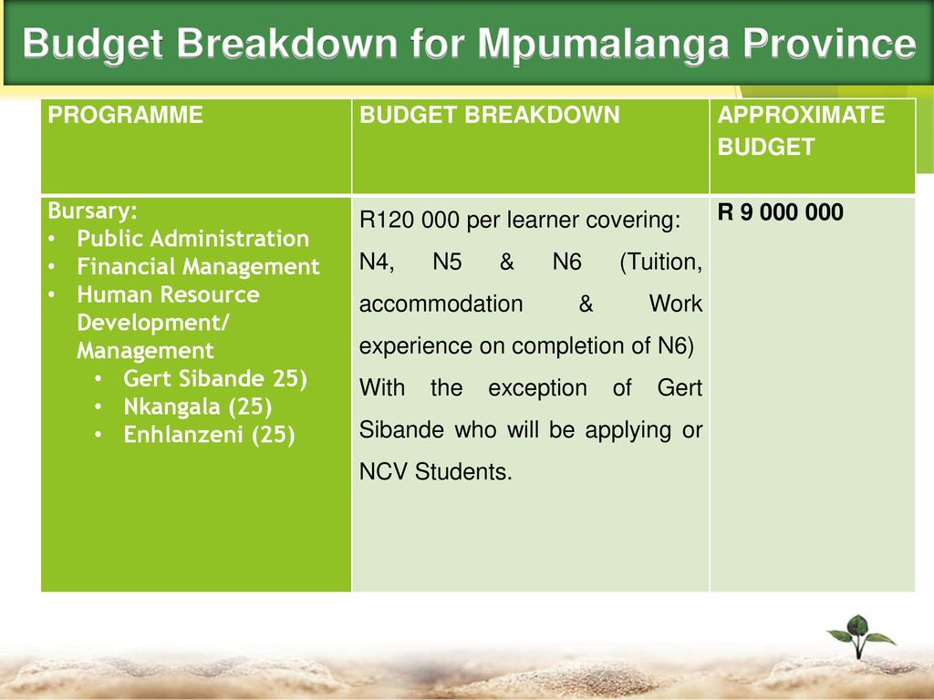 Budget Breakdown for Mpumalanga Province