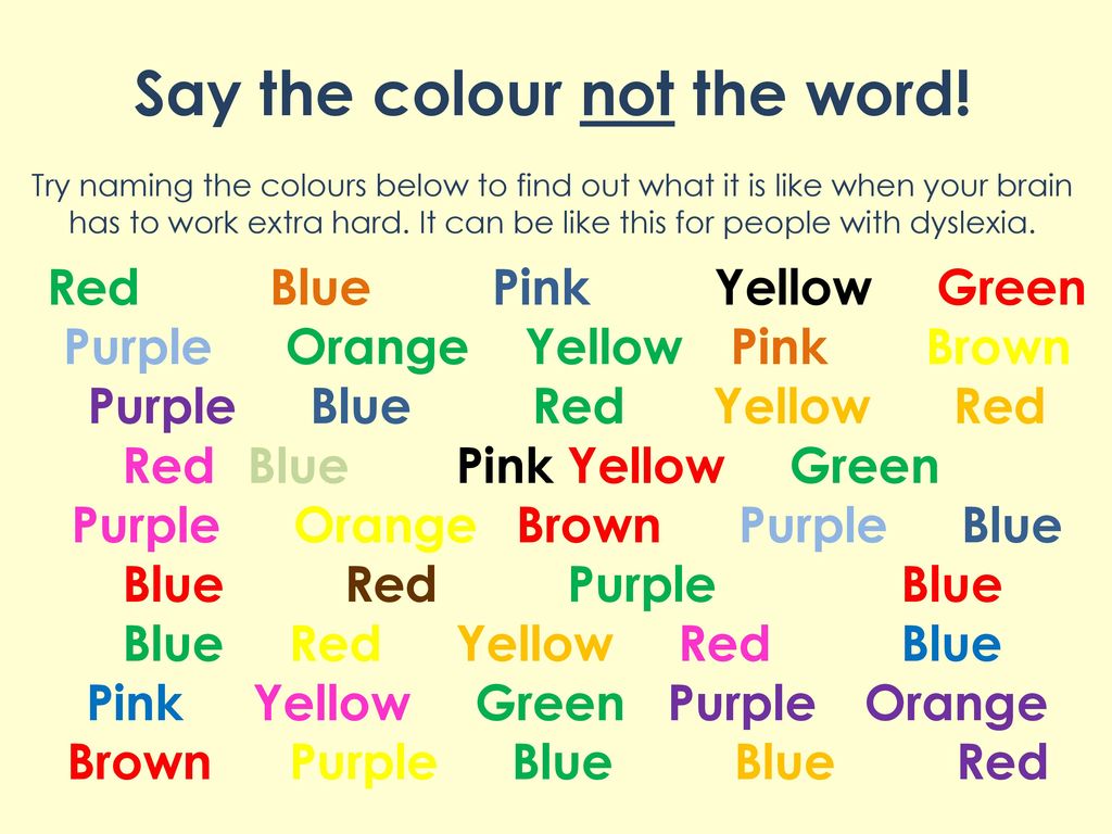 Colored text name. Say the Colour not the Word. Дислексия на английском. Name the Colour not the Word. Read the Colour not the Word.