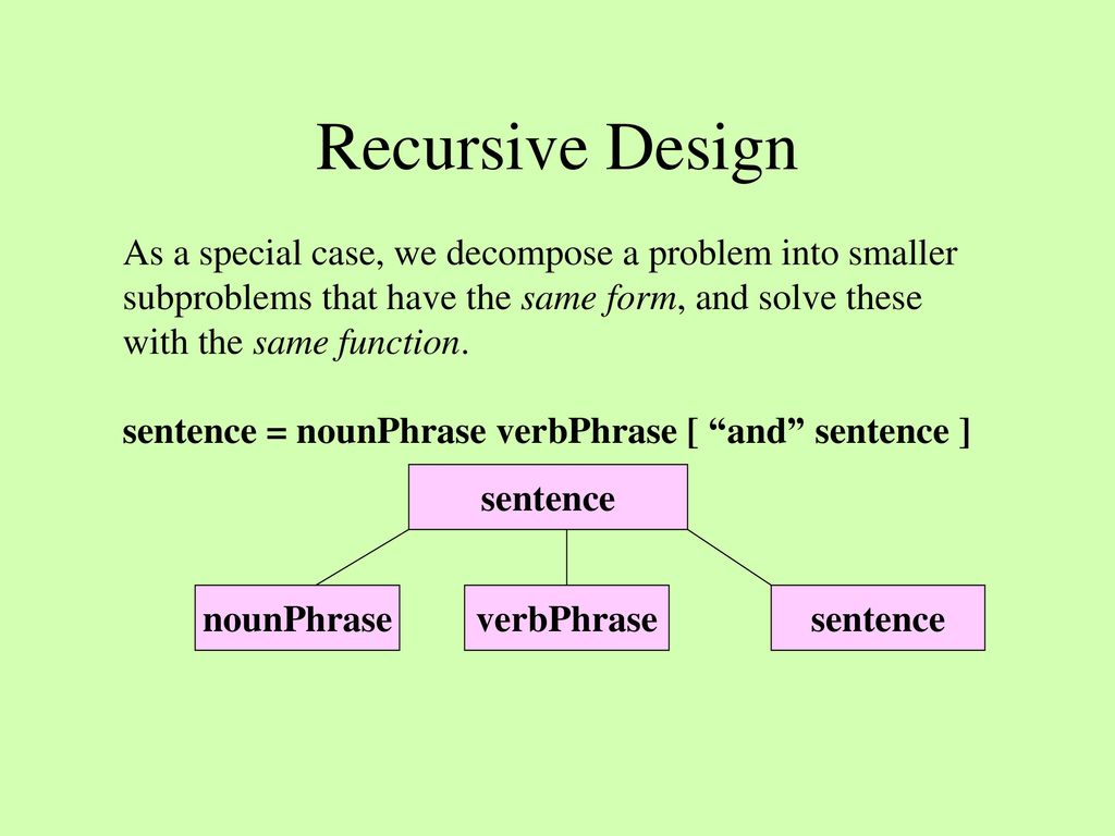 Recursive Design As a special case, we decompose a problem into smaller. subproblems that have the same form, and solve these.