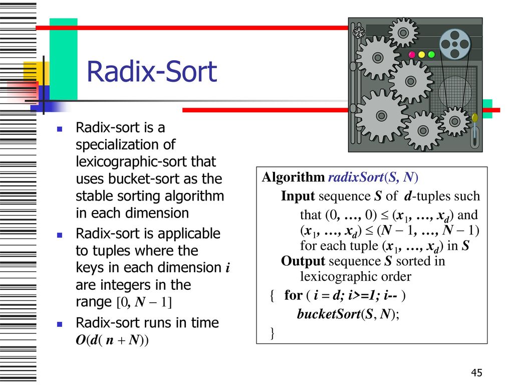 Radix-Sort Radix-sort is a specialization of lexicographic-sort that uses bucket-sort as the stable sorting algorithm in each dimension.
