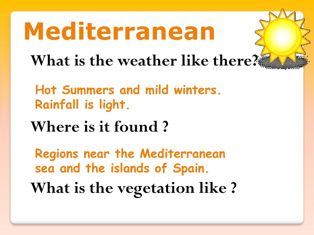 Mediterranean What is the weather like there Where is it found