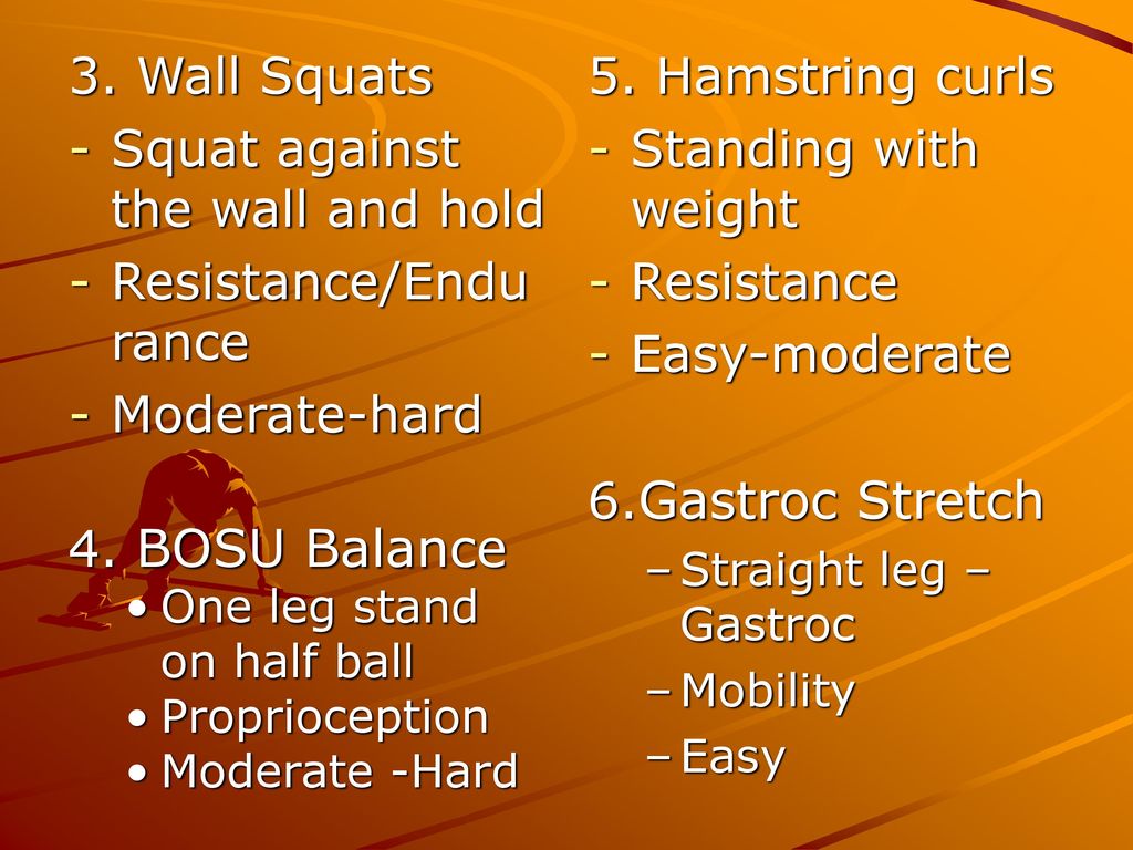 Squat against the wall and hold Resistance/Endurance Moderate-hard