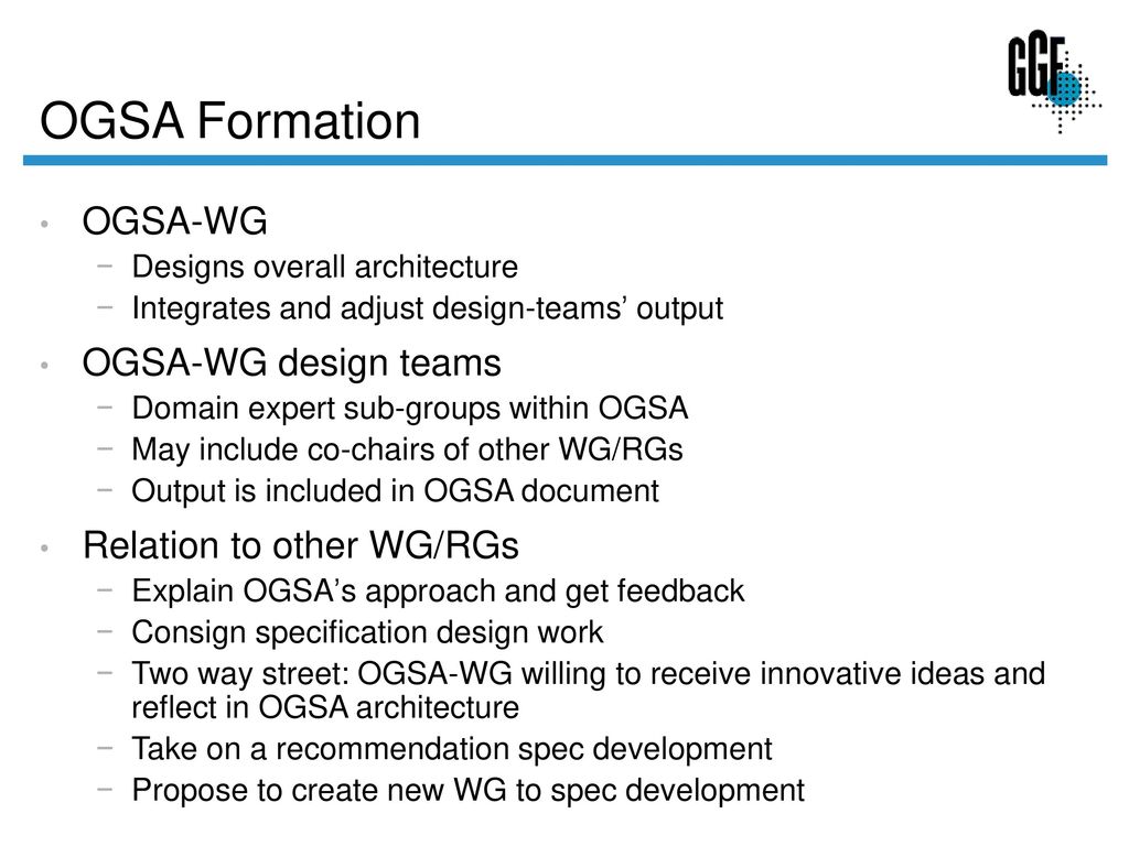 OGSA Formation OGSA-WG OGSA-WG design teams Relation to other WG/RGs