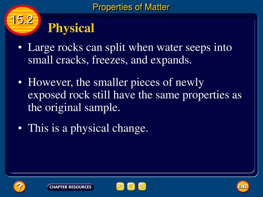 Properties of Matter Physical. Large rocks can split when water seeps into small cracks, freezes, and expands.