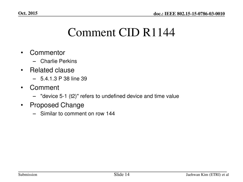 Comment CID R1144 Commentor Related clause Comment Proposed Change