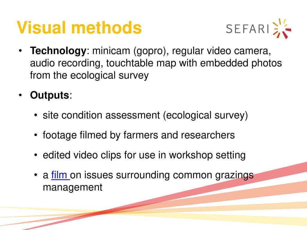Visual methods Technology: minicam (gopro), regular video camera, audio recording, touchtable map with embedded photos from the ecological survey.