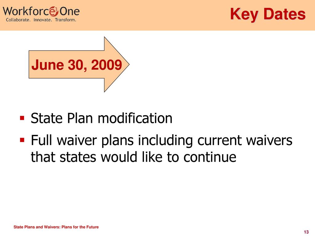 Key Dates June 30, 2009 State Plan modification