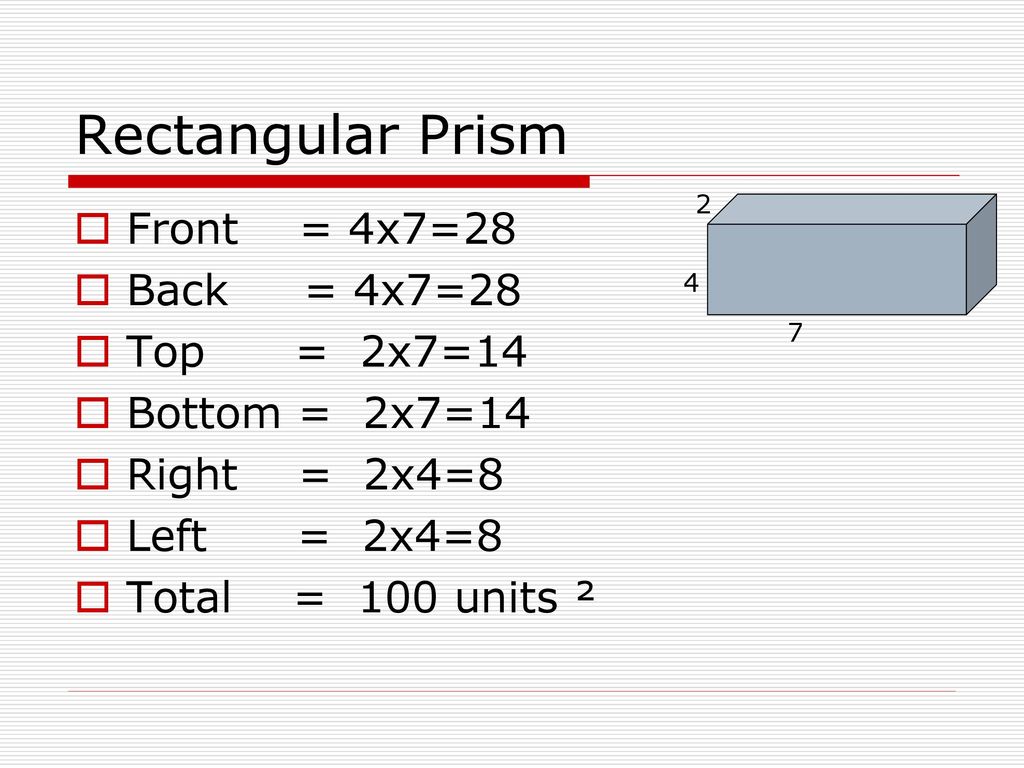 Rectangular Prism Front = 4x7=28 Back = 4x7=28 Top = 2x7=14
