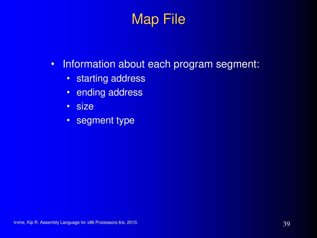 Map File Information about each program segment: starting address
