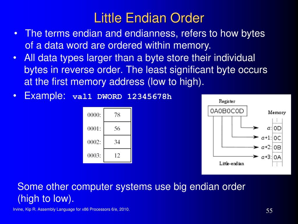 Little Endian Order The terms endian and endianness, refers to how bytes of a data word are ordered within memory.