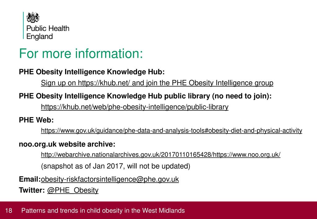 For more information: PHE Obesity Intelligence Knowledge Hub: