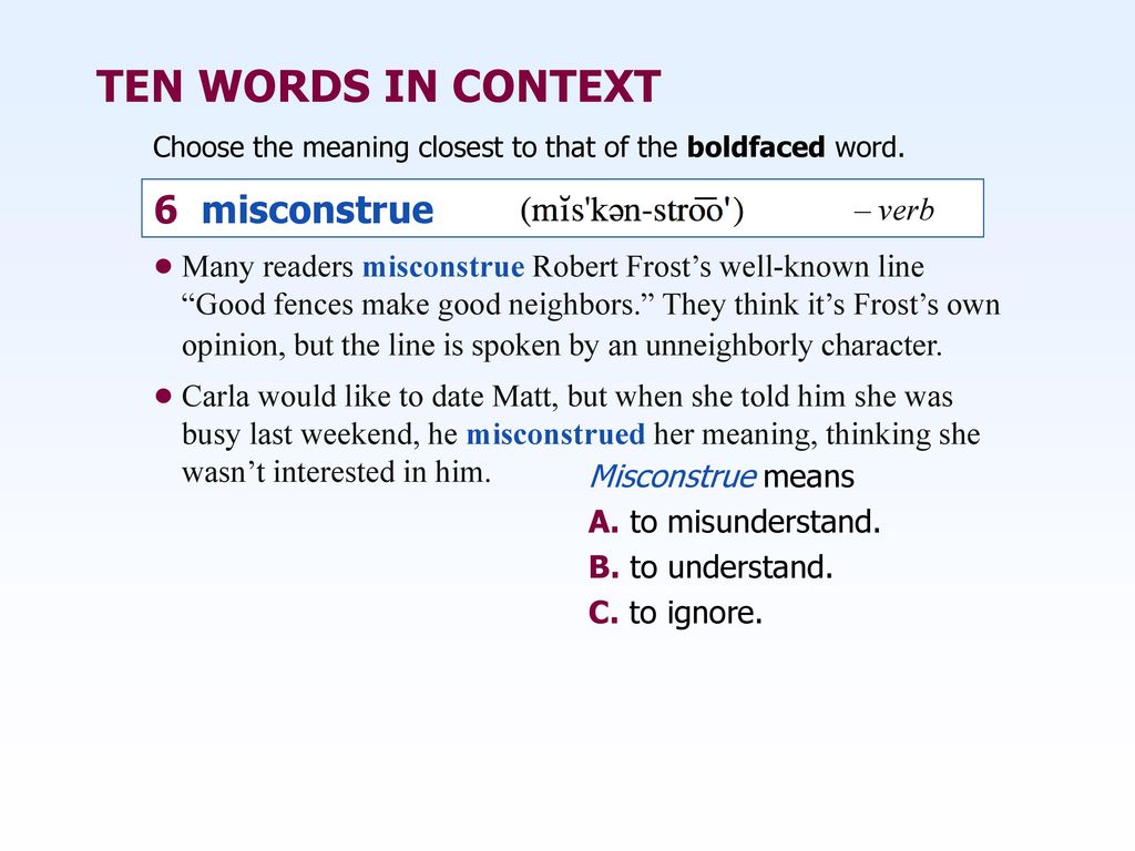 Keyword context. Advancing Vocabulary skills Sherrie. Improving Vocabulary skills. Ten Words in context book. Misconstrued перевод.