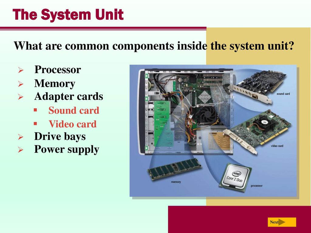 Unit components. System Unit. System Unit inside. System Unit what is it. CPU – Ram – HDD – Video Card – Sound Card –.