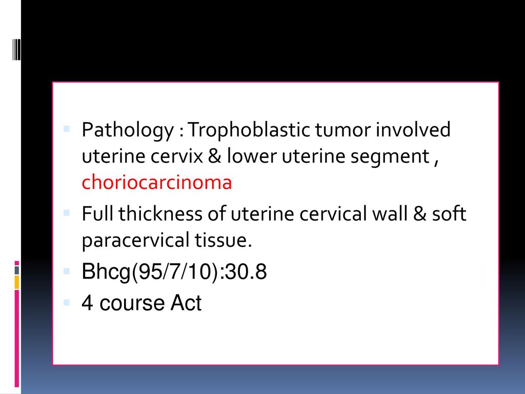 Pathology : Trophoblastic tumor involved uterine cervix & lower uterine segment , choriocarcinoma