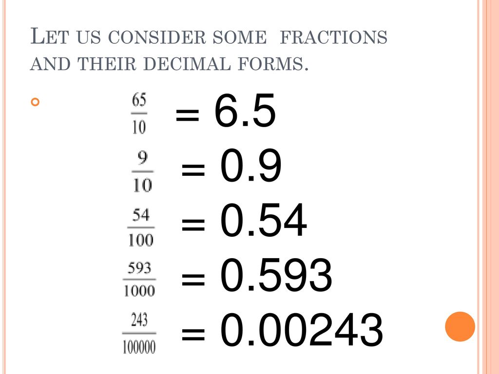 Let us consider some fractions and their decimal forms.
