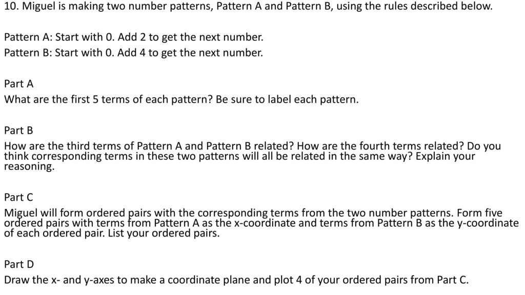 10. Miguel is making two number patterns, Pattern A and Pattern B, using the rules described below.