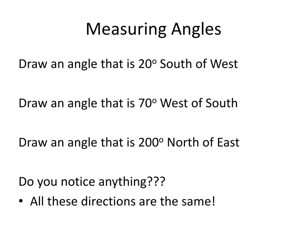 Measuring Angles Draw an angle that is 20o South of West