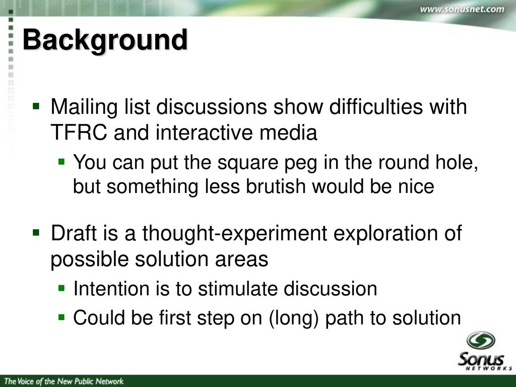 Background Mailing list discussions show difficulties with TFRC and interactive media.