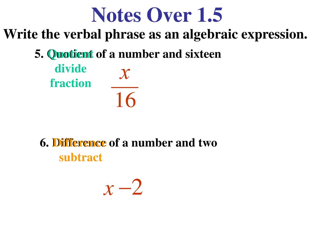 Notes Over 115.15 Write the verbal phrase as an algebraic expression