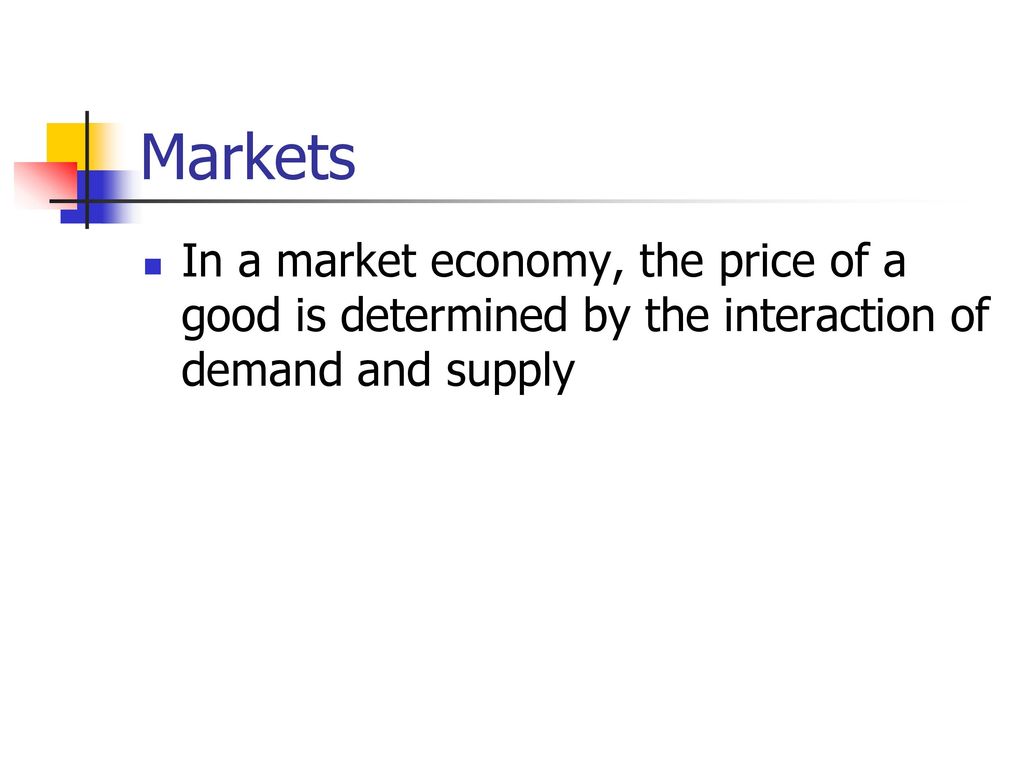 Markets In a market economy, the price of a good is determined by the interaction of demand and supply.