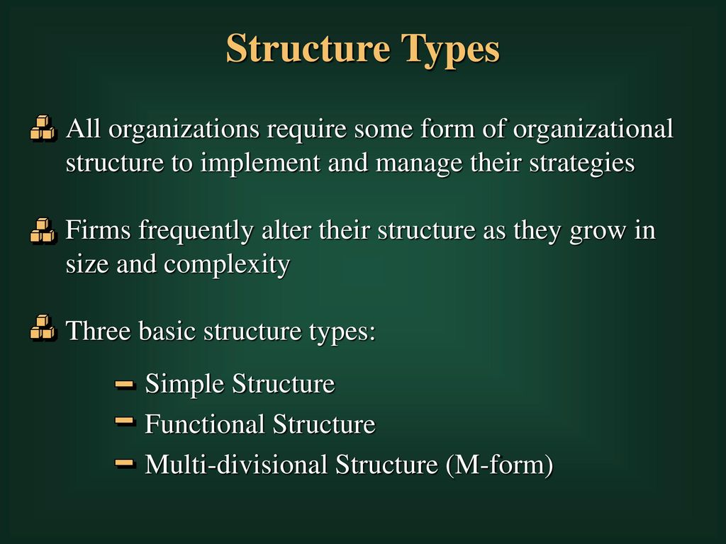 Structure Types All organizations require some form of organizational structure to implement and manage their strategies.