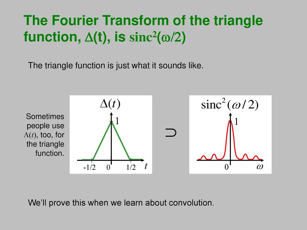 The Fourier Transform of the triangle function, D(t), is sinc2(w/2)