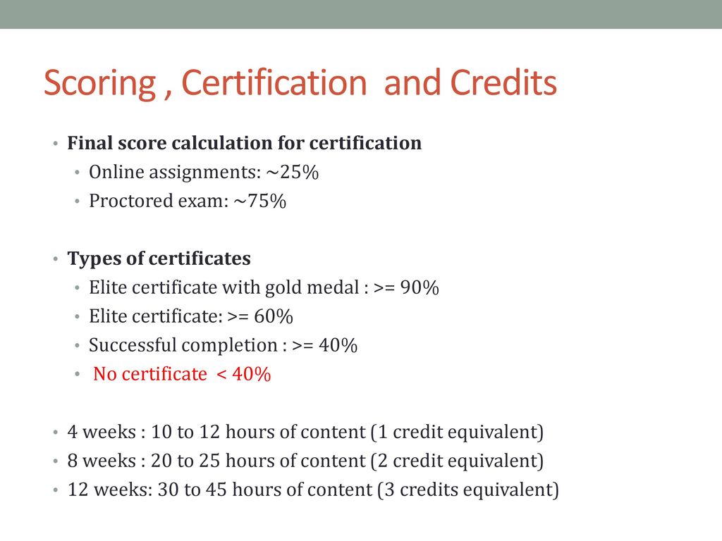 Scoring , Certification and Credits
