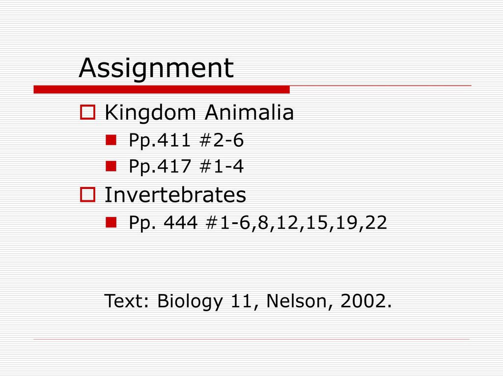 Assignment Kingdom Animalia Invertebrates Pp.411 #2-6 Pp.417 #1-4