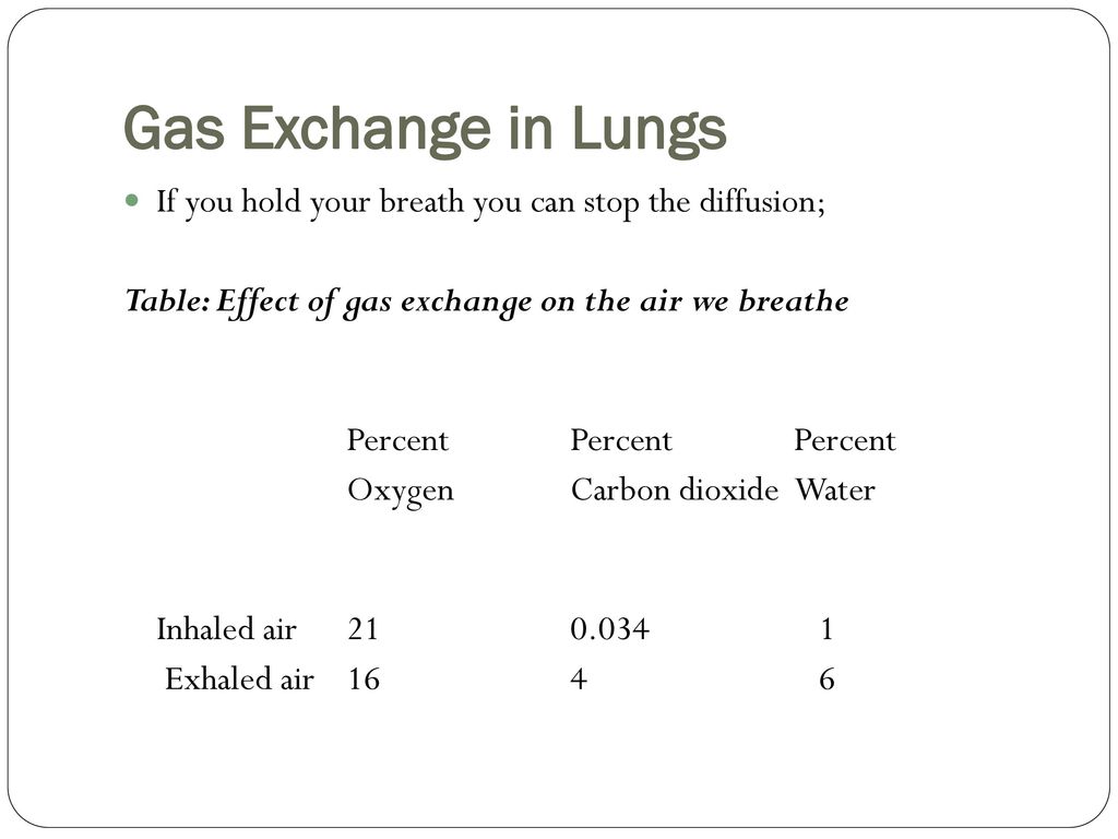 Gas Exchange in Lungs If you hold your breath you can stop the diffusion; Table: Effect of gas exchange on the air we breathe.
