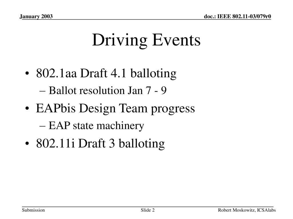 Driving Events 802.1aa Draft 4.1 balloting EAPbis Design Team progress